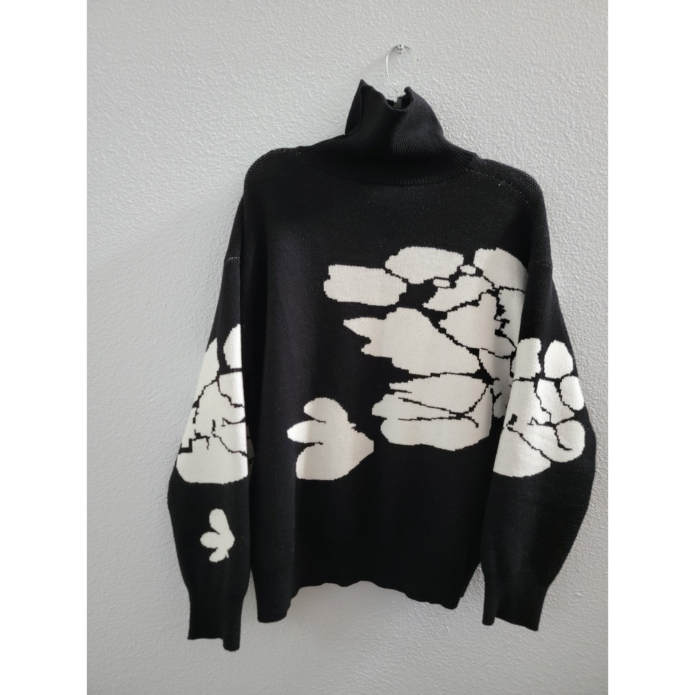 Ellen Tracy Large Black White Abstract Floral Turtleneck Sweater Pullover